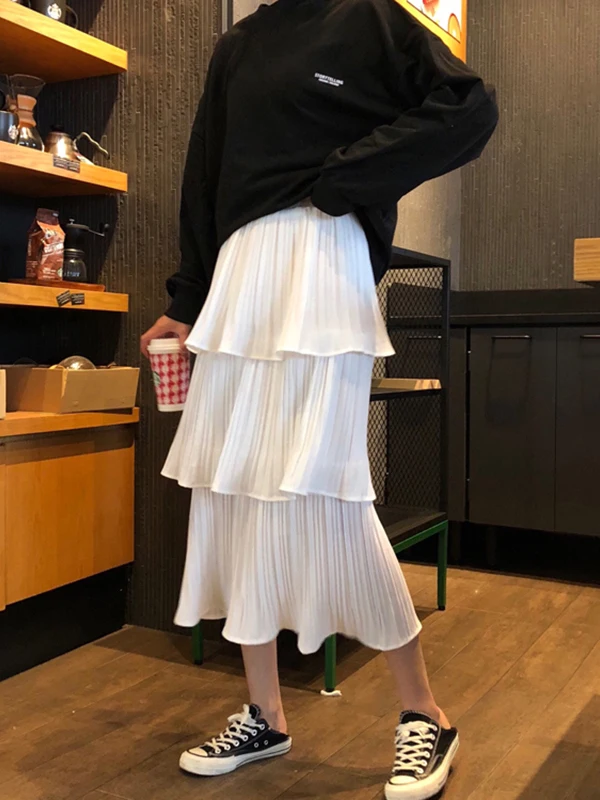 High Waist Cake Skirt Half Skirt Chiffon Pleated Midi Skirt Women's Fashion Spring Summer A-Line Silhouette Brand Design