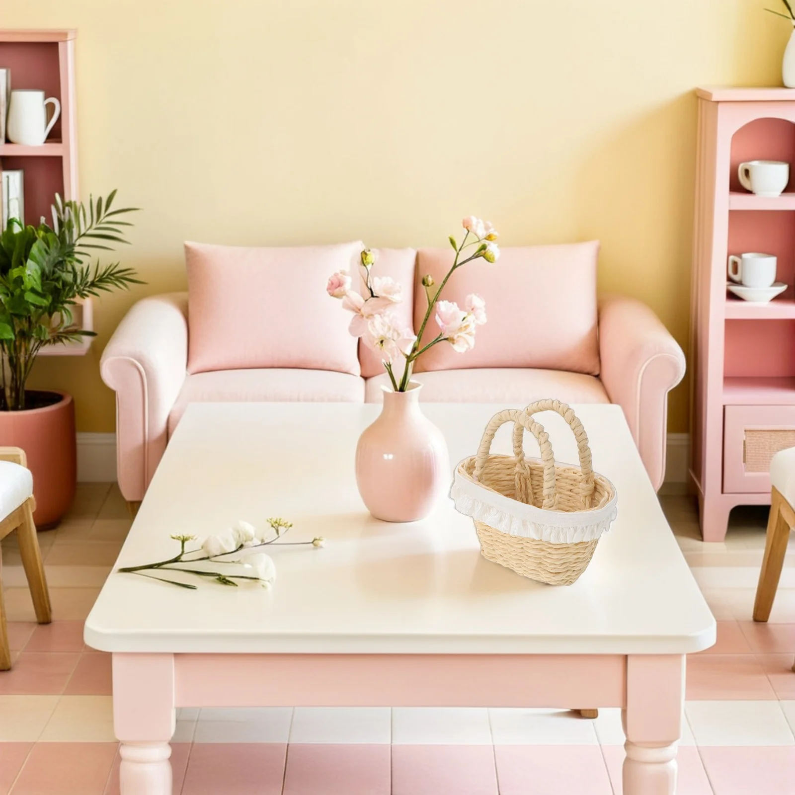 

2Pcs Miniature Woven Baskets Handles Tiny Flower Basket Paper Rope Woven Dollhouse Accessories Party Favors Crafts Decor