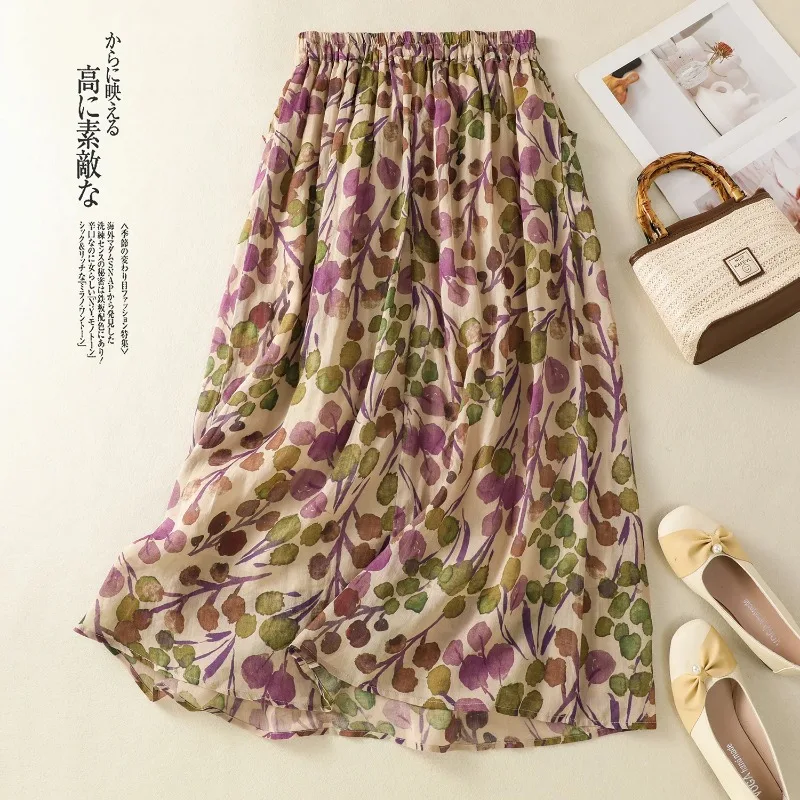 2025 nuova estate elastico in vita gonna con stampa floreale donna stile cinese allentato vintage letterario tutto fiammifero midi gonne a trapezio