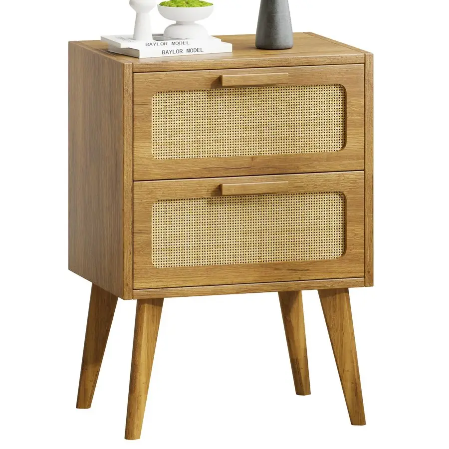 

Nightstand,End Table, Side Table with 2 Hand Made Rattan Decorated Drawers,Boho Bedside Table,Wood Accent Table with Storage for