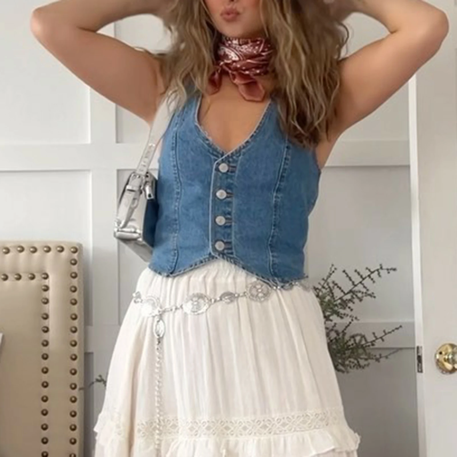 

Women y2k Clothes Vintage Button Down Denim Vest Sexy V Neck Retro Cowgirl Crop Jean Corset Top Grunge Rave Outfits Streetwear