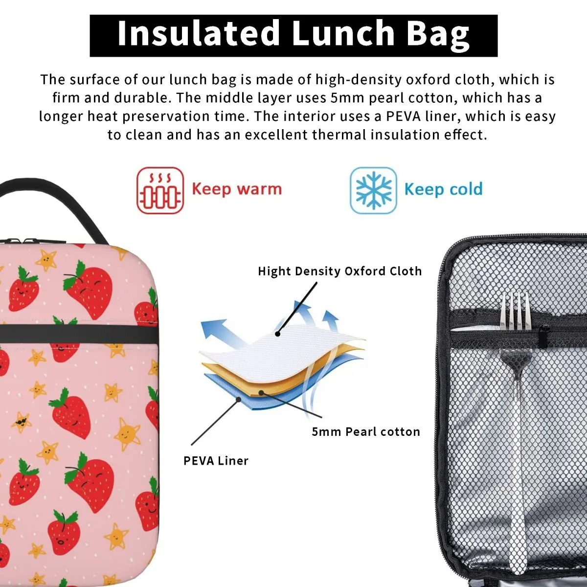 Strawberry And Star Pattern Insulated Lunch Bag for Women Kids Portable Food Boxes Thermal Lunch Box Tote