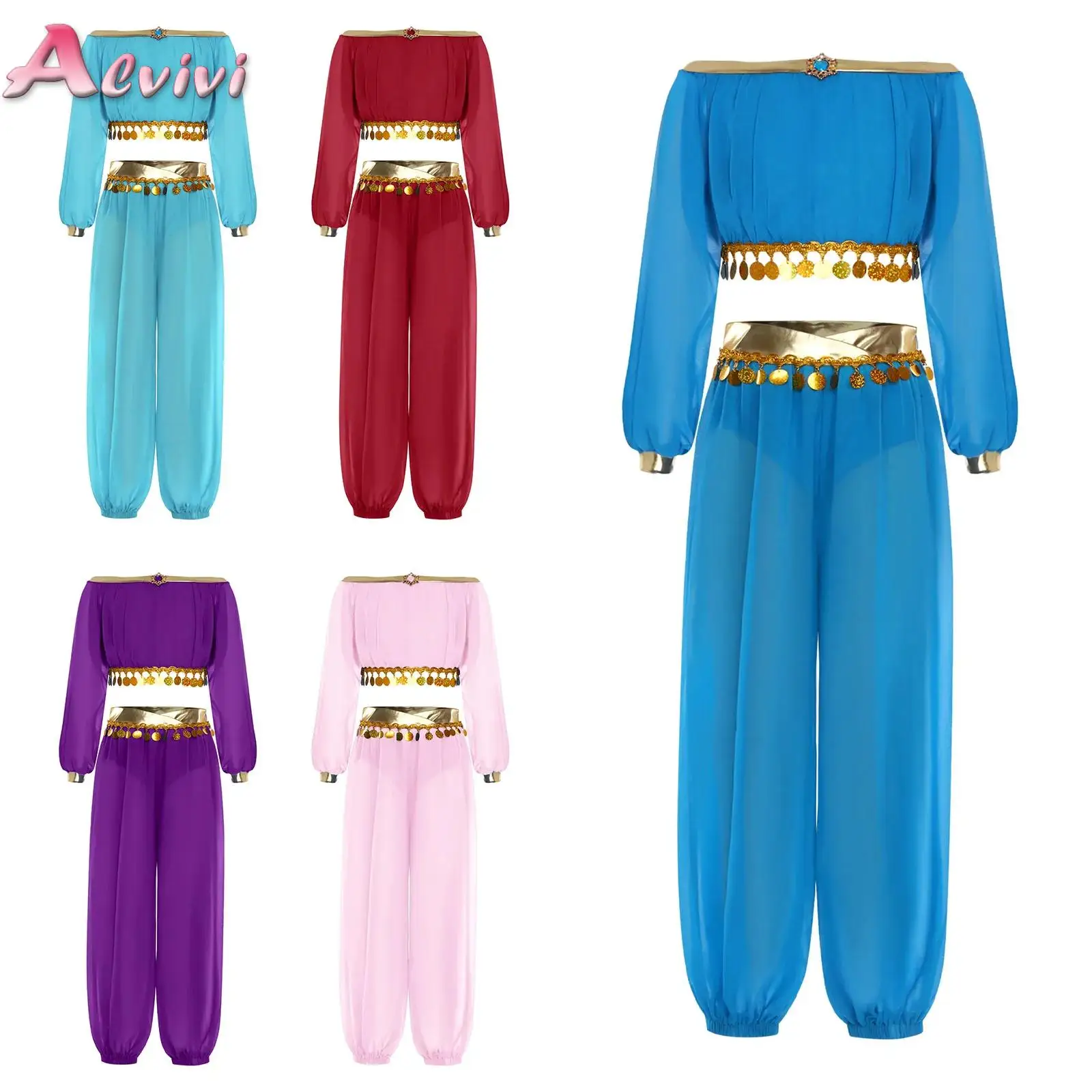 

Teens Girls India Belly Dance Set Arabian Princess Performance Costume Long Sleeve Crop Top with Harem Pants Bellydance for Kids