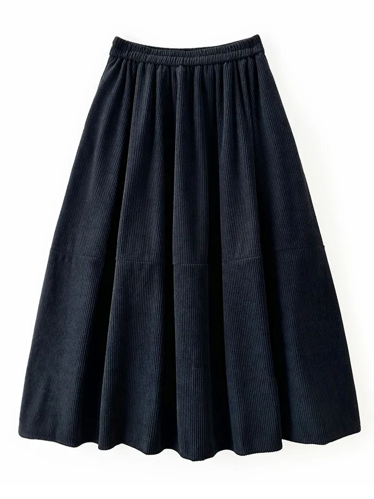 

Women's Vintage Corduroy Midi Long Skirt with Pockets Korean Fashion High Waist Pleated Swing Skirts 2024 Autumn Winter L445