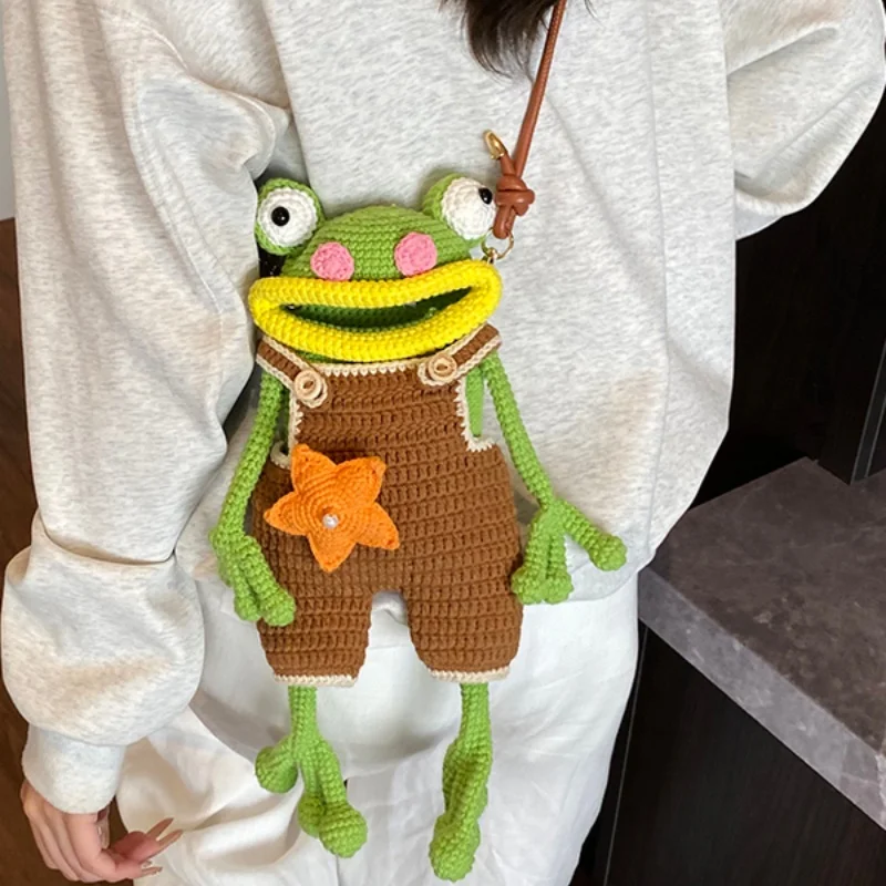 

Finished Bag Big Mouth Frog Mobile Phone Bag Sausage Lips Wool Woven Bag Leather Shoulder Strap Ugly Cute Christmas Gift