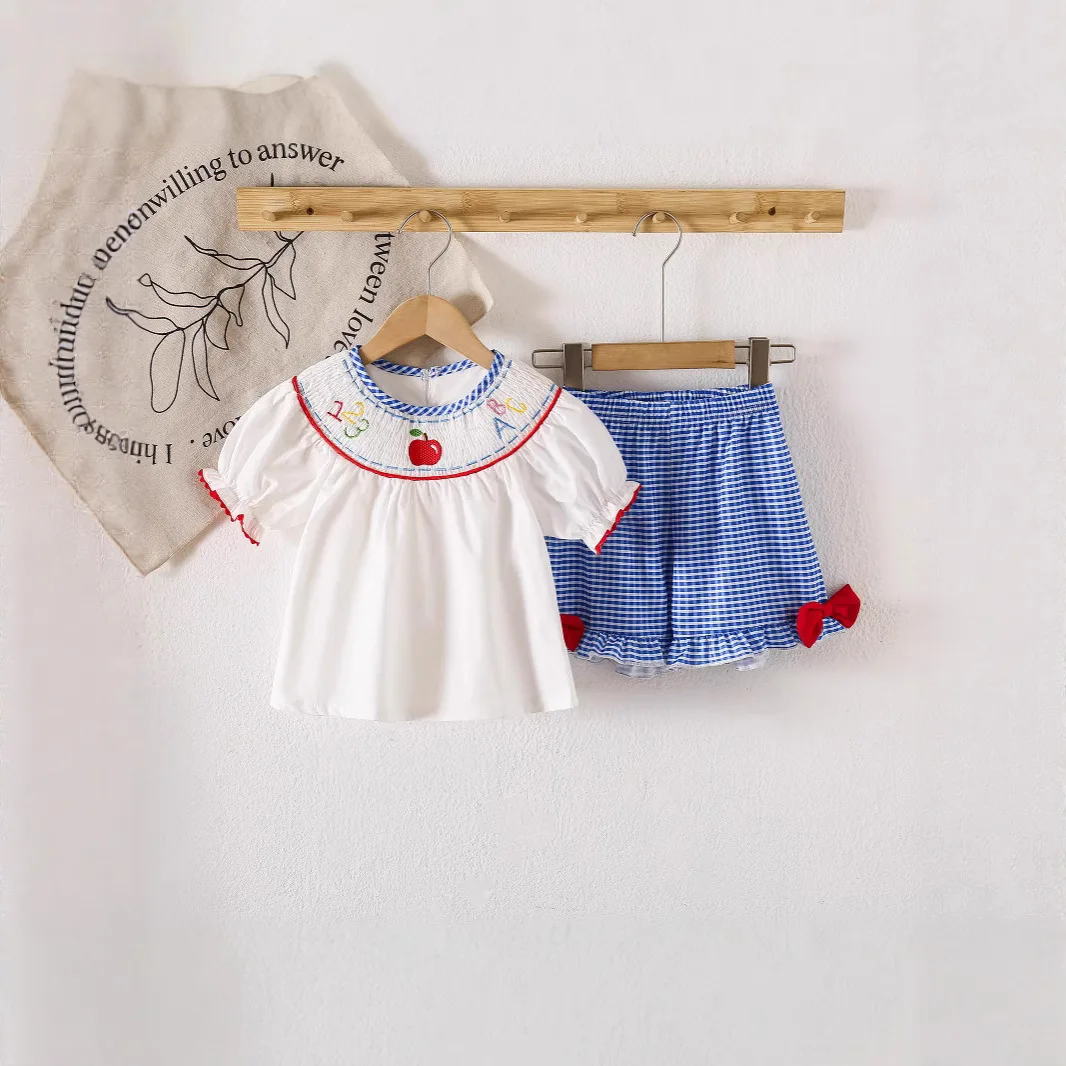

New Children's Clothing Girls Summer Short-sleeved Set Cable Embroidered Doll Collar Girls Plaid Shorts Cover