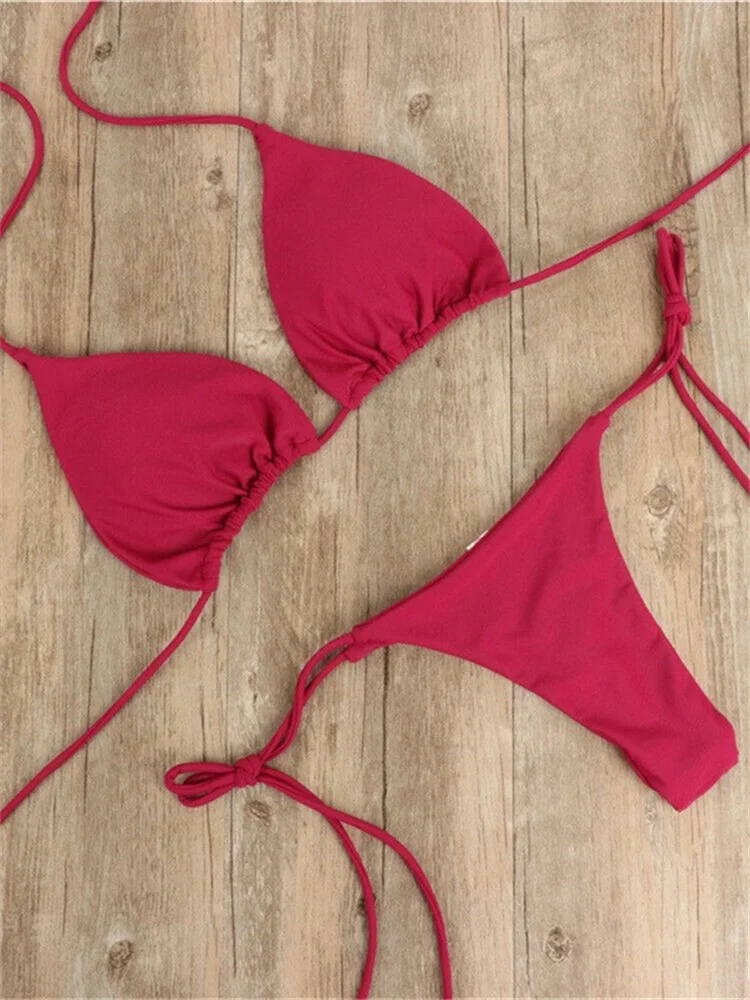 Conjunto de Bikini de Color liso para mujer, traje de baño con cuello Halter, Micro bañador con Push-Up, traje de baño brasileño recortado, traje de baño con Tanga