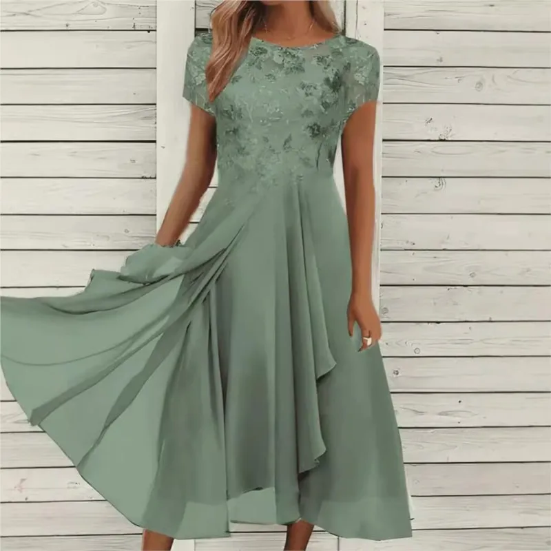 Novo 2025 vestido de renda feminino para festa elegante vestido de noiva plus size jóia pescoço na altura do joelho chiffon renda longo vestido de festa