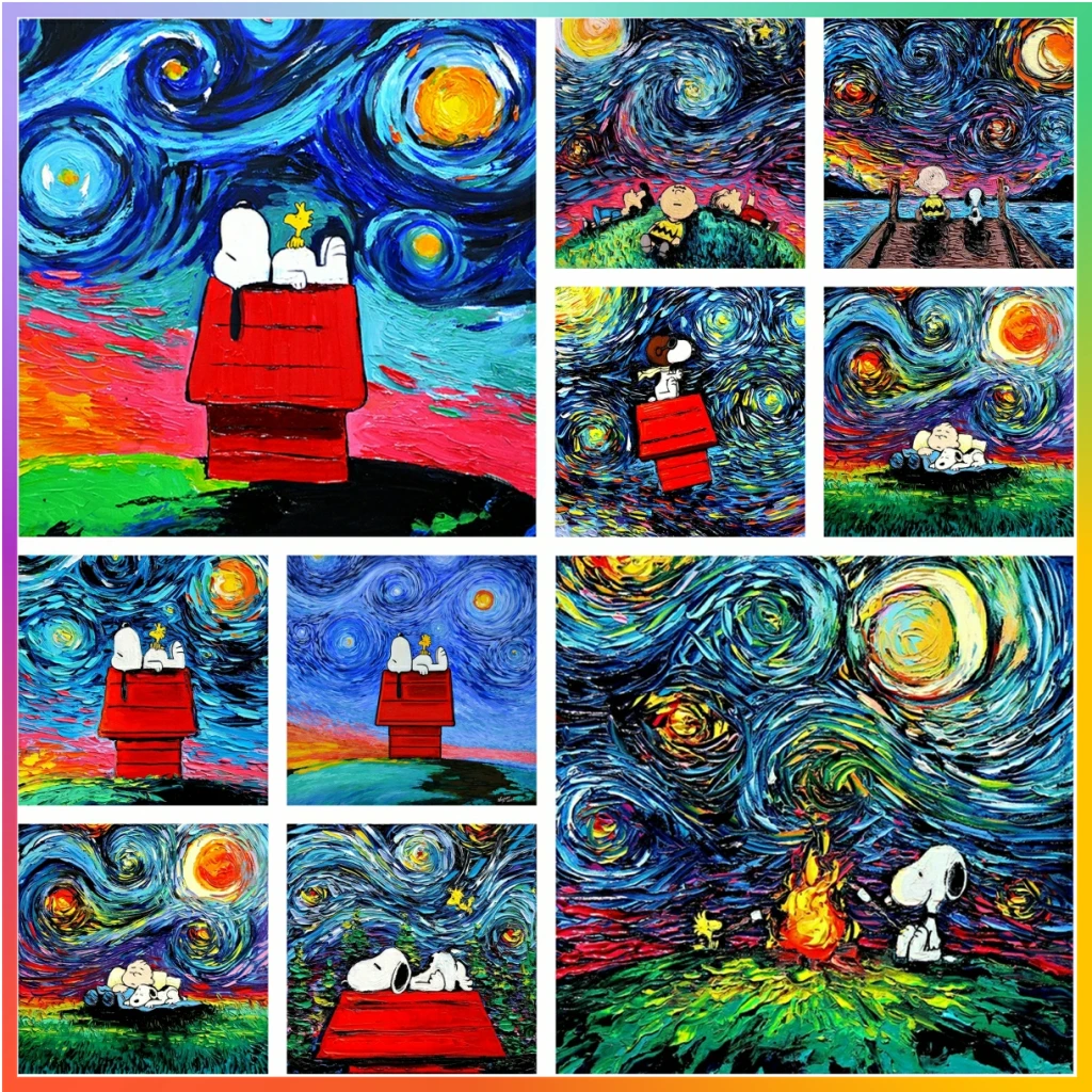 Pintura abstracta de Snoopy de noche estrellada de Van Gogh para adultos, mosaico de perro de dibujos animados, bordado de diamantes, punto de cruz, arte 5D DIY, nuevo, grande