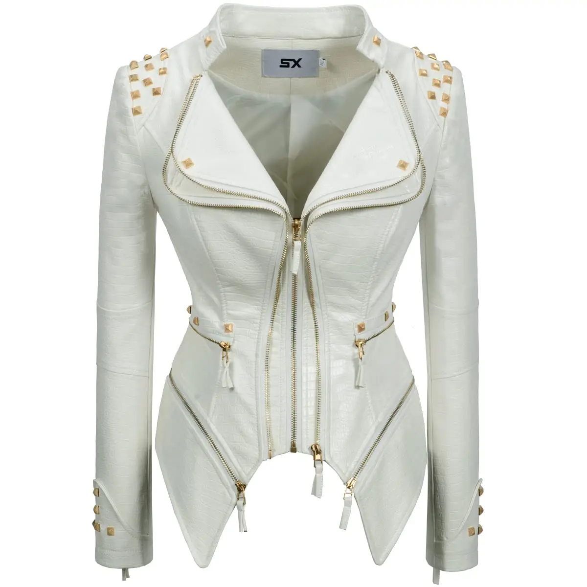 Veste en cuir PU à revers pour femme, manteau de moto à clous carrés, fermeture à glissière en métal, rivet personnalisé, coupe couvertes, document à la mode, printemps et automne