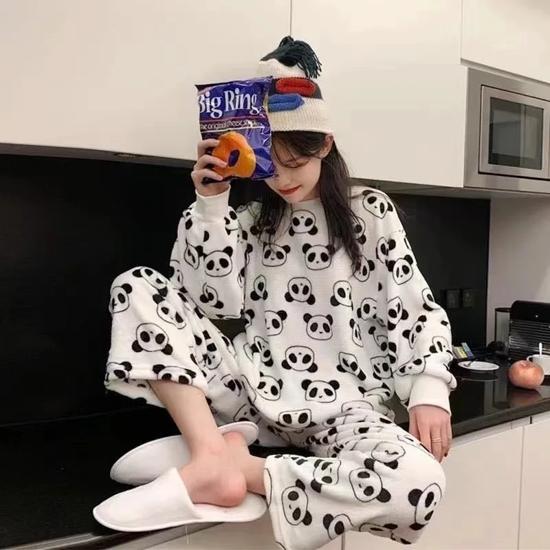 Autumn and Winter Thickened Warm Facecloth Pajamas Homewear Female Winter Coral Velvet Cute Cartoon Ladies Pajamas Homewear Suit