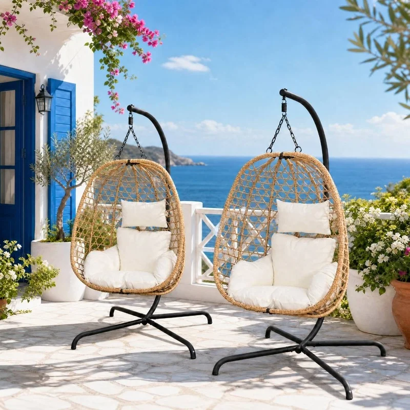 Set of 2 Beige Wicker Hanging Chairs with Stand