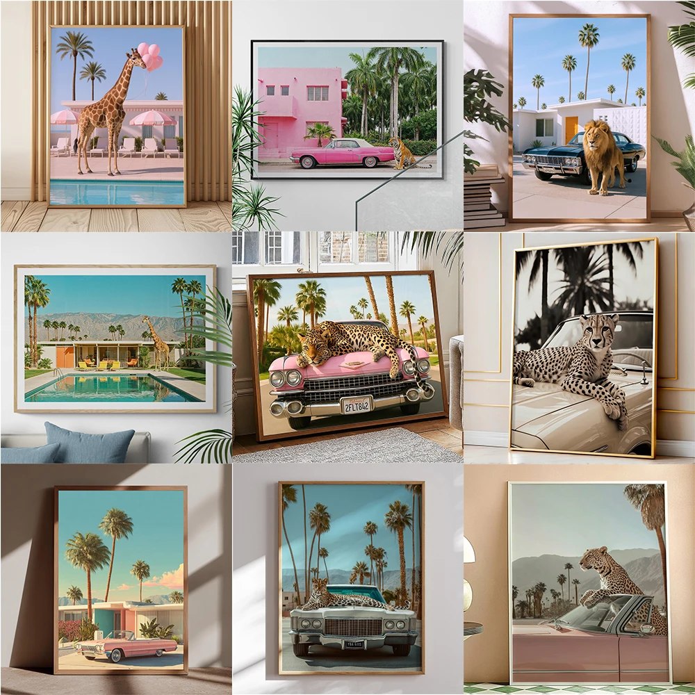 Vintage Leopard Miami Vice Poster Tiger & Pink Vintage Car Print Cheetah Vintage Car Print Retro Palm Springs Wall Art Canvas