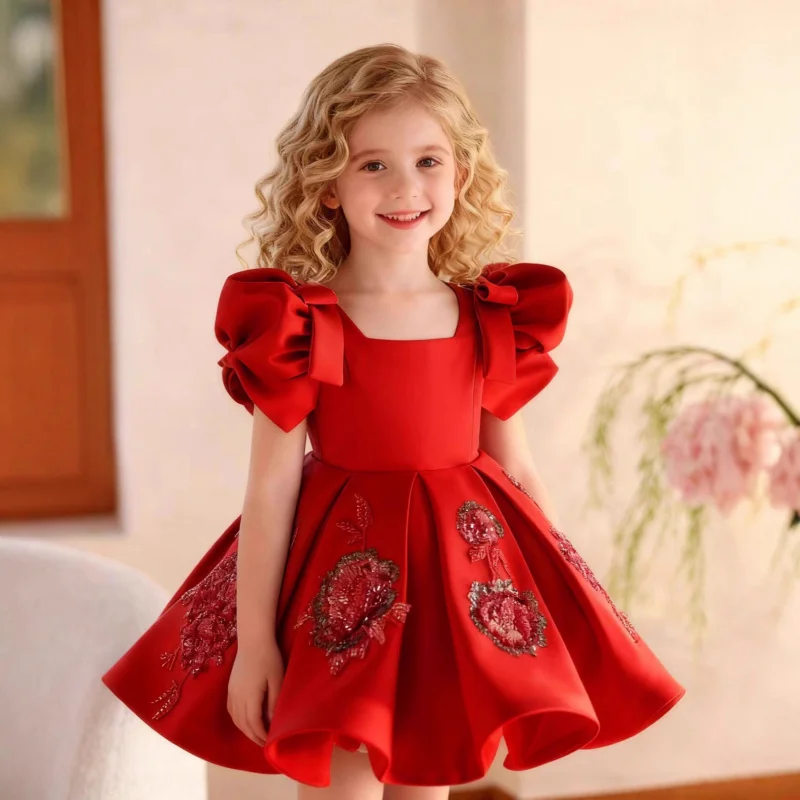 insNew children's dress with puff sleeves, princess dress, flower girl dress, satin dress, festival performance costume