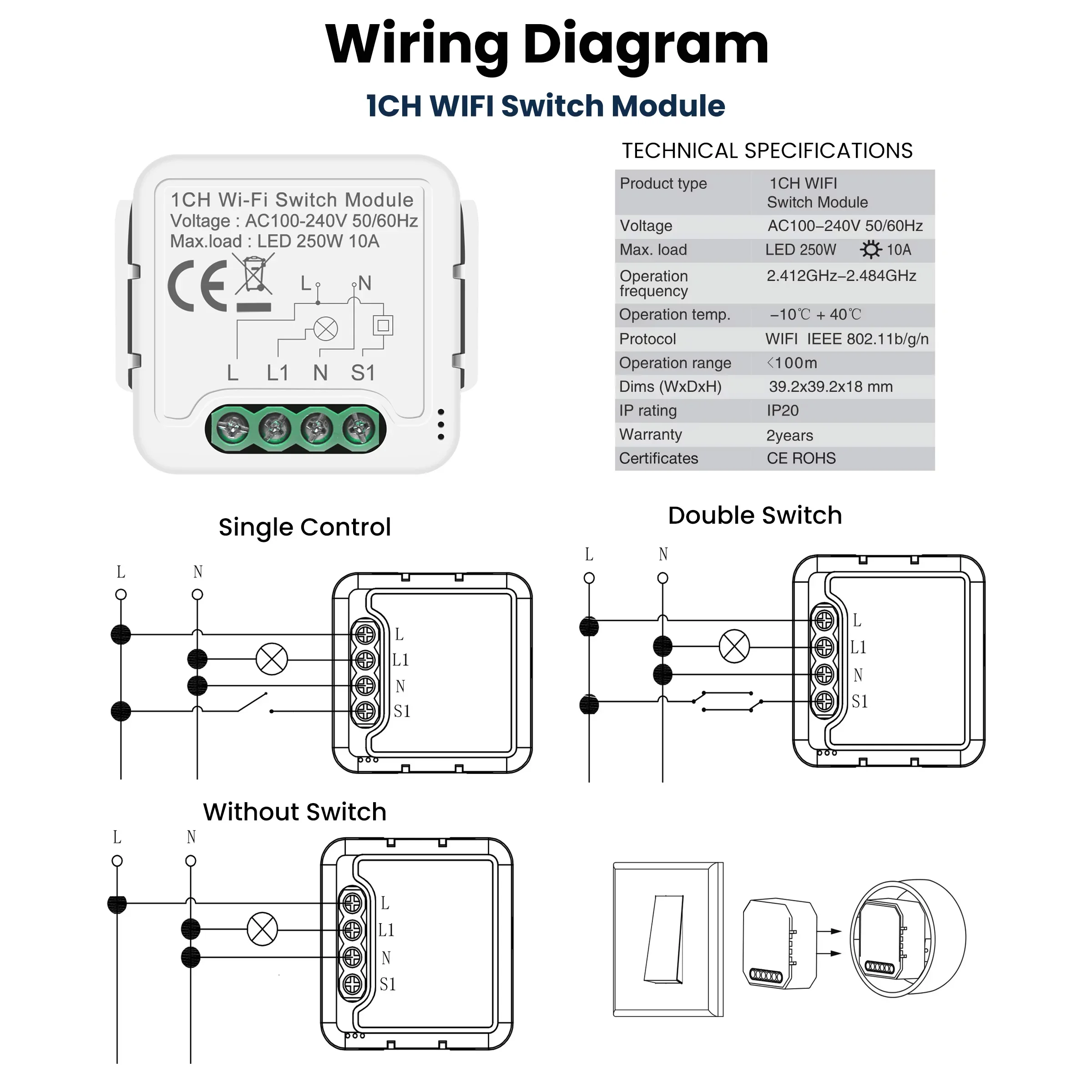 GIRIER Tuya Smart Switch Module WiFi Light Breaker 100-240V Supports 2-way Control for Home Automation Support Alexa Hey Gooigle