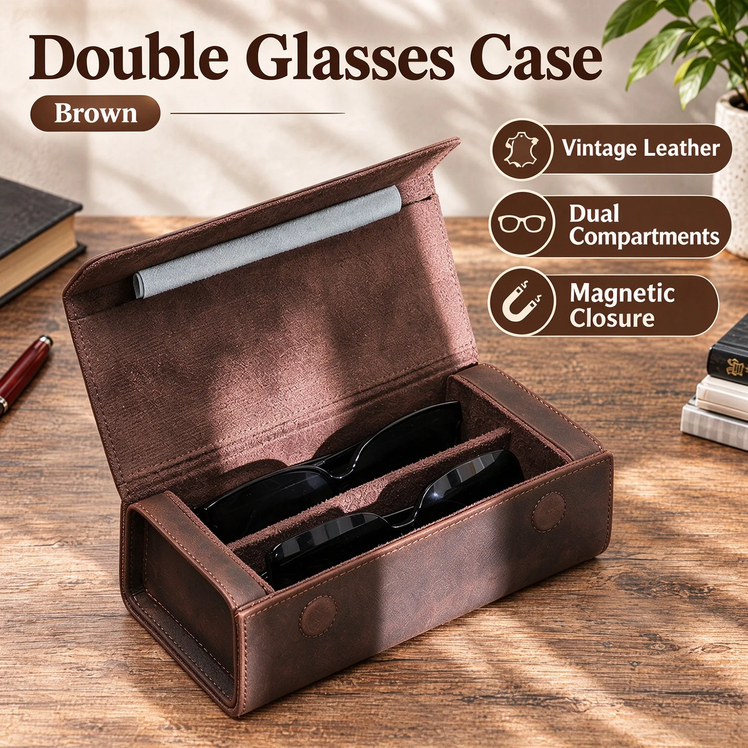 Handmade Crazy Horse Leather 2-Slot Sunglasses Case, Vintage Retro Travel Eyewear Storage with Magnetic Closure for Men & Women