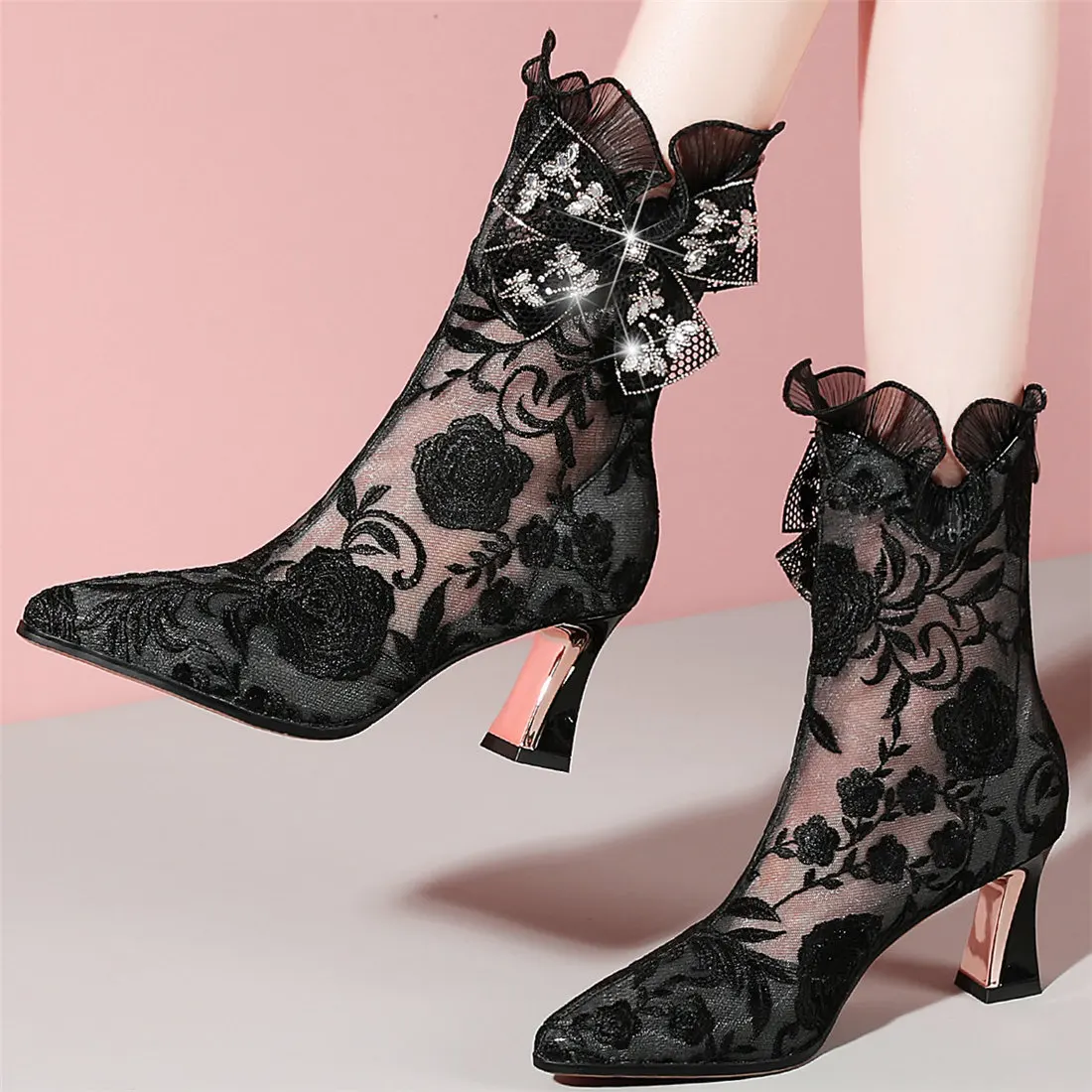 

2023 Summer Wedding Party Shoes Women Breathable Lace High Heel Pumps Female High Top Pointed Toe Gladiator Sandals Casual Shoes
