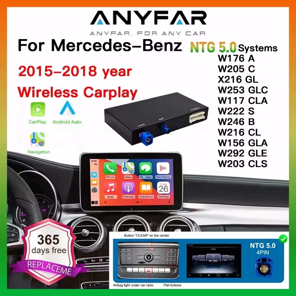 ANYFAR Wireless Carplay Android Auto Module For Mercedes NTG5.0 W176 W205 A B C CL GLS GLA GLC CLA Car Play adapter 2015-2018