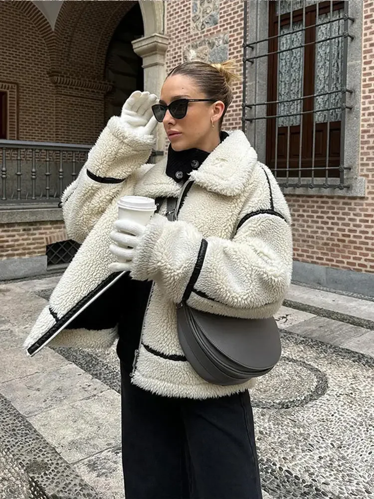 Fashion Solid Lapel Plush Zipper Jacket Women Warm Patchwork Long Sleeve Motorcycle Coat Autumn Winter Female Street Outerwear