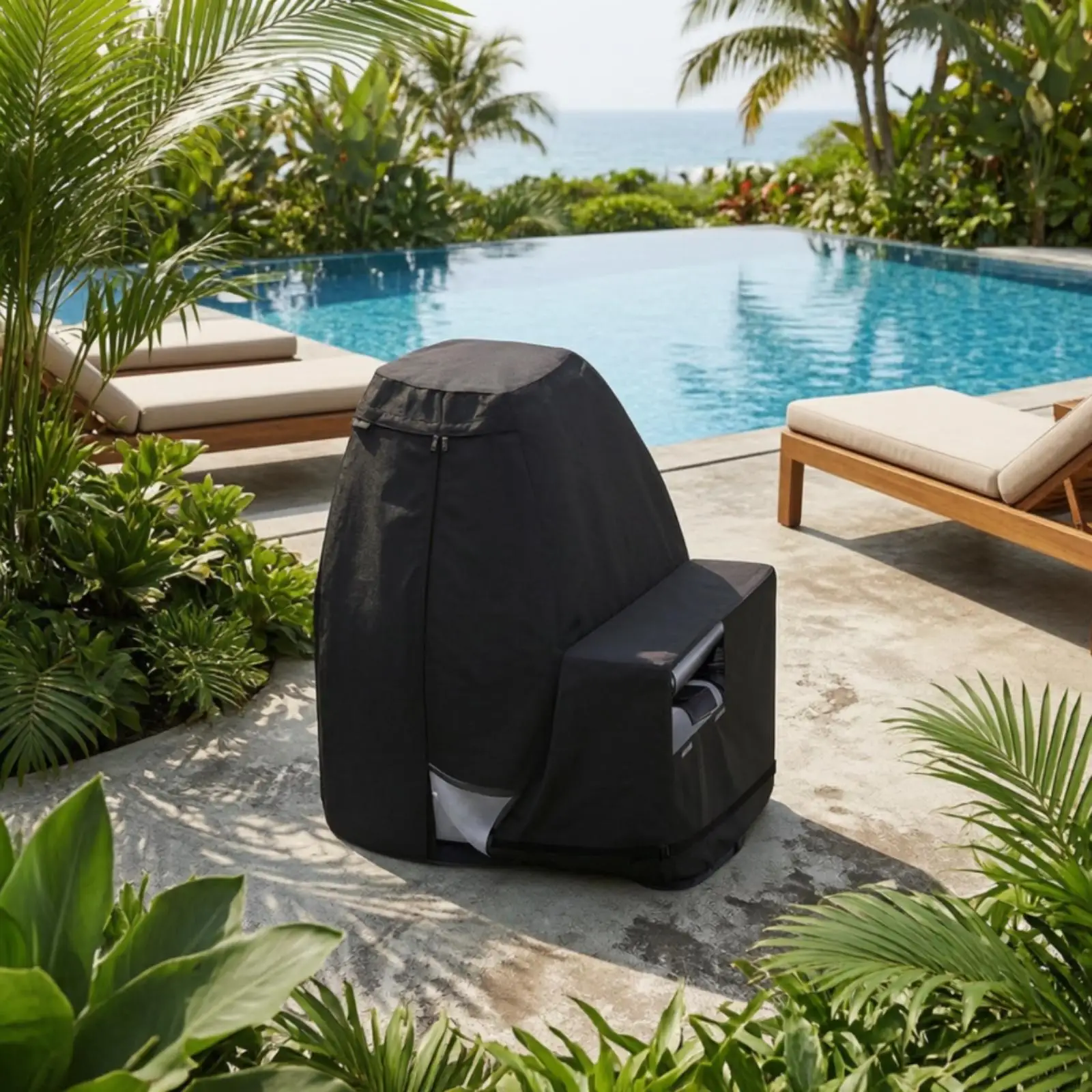 Heavy Duty Pool Pump Cover Oxford Cloth Weatherproof Enclosure for Outdoor Sand Filter Pump with Zipper Hose Ports