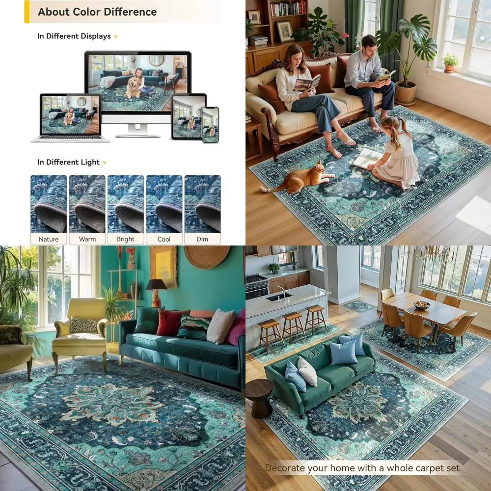 

Ковер 5'x7' с цветочным винтажным узором, моющийся, нескользящий, цвета бирюзовый и озерно-голубой, для гостиной, спальни, столовой