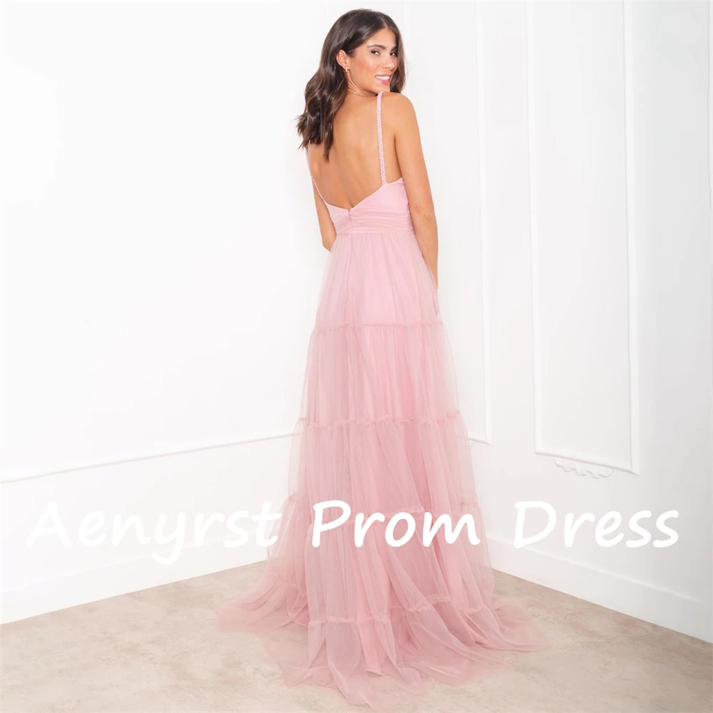 Aenyrst Simple Pink V Neck Spaghetti Strap Cocktail Dresses Tulle A Line Backless Evening Gowns Floor Length Dinner Party Dress