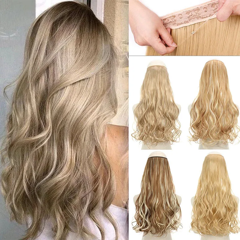 Faux Cheveux Synthétiques Longs Ondulés pour Femme, Postiche, Fil Invisible, Caché, SecExamen, Naturel, Marron, Blonde, Ligne de Poisson