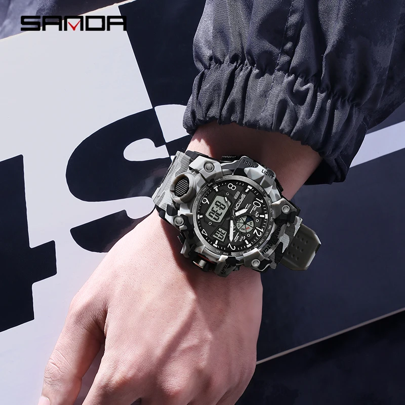 SANDA 3358 Outdoor Electron Male Wristwatch Display Quartz Men Clock Sports Military Mens Watch Camouflage LED Digital Watch