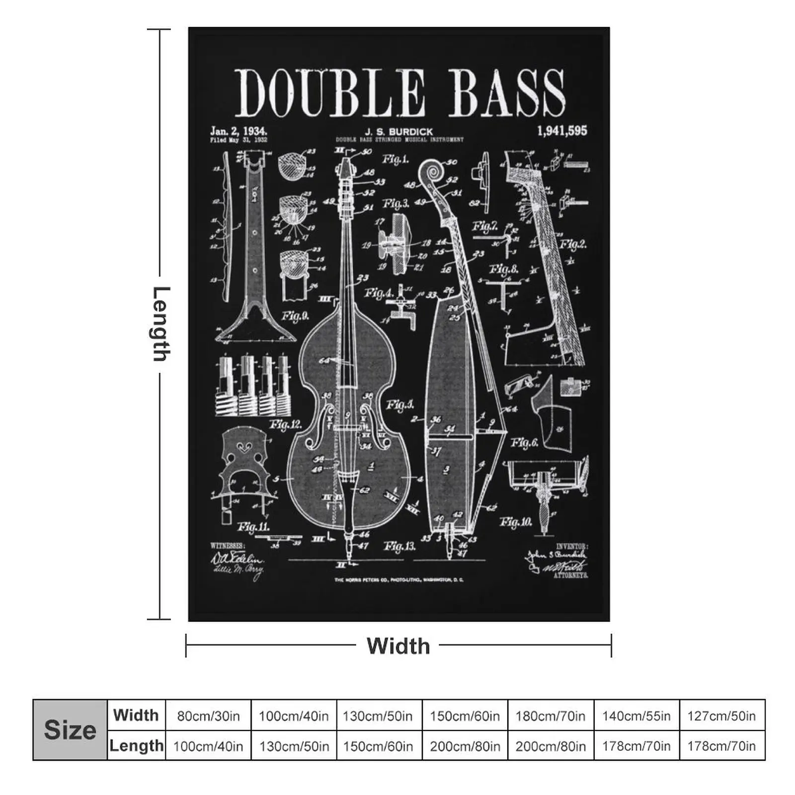 Double Bass Player Bassist Musical Instrument Vintage Patent Throw Blanket Picnic Shaggy Blankets