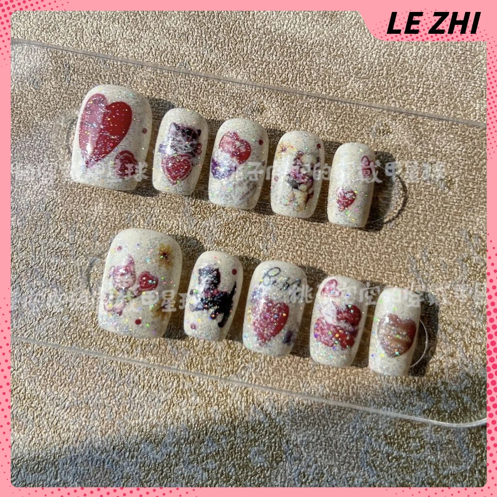 Kawaii Sanrio Hello Kittty Cartoon Animal Press On Nails Art Acrylic Cute Dog Cat Diamond Flash Nails Party Stickers Girl Gift