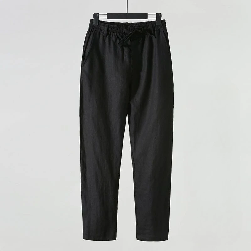 Solid Color Linen Pants Men's Loose Cotton Linen Casual 9 Points Pants Spring Summer Home Straight Soft Comfortable Trousers - Image 6