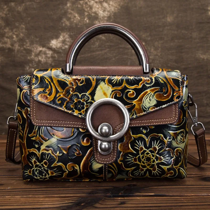 

Floral Woman Genuine Leather Tote Bag Anti-theft Ladies Cow Leather Handbag Female Cowhide Shoulder or Crossbody Bags