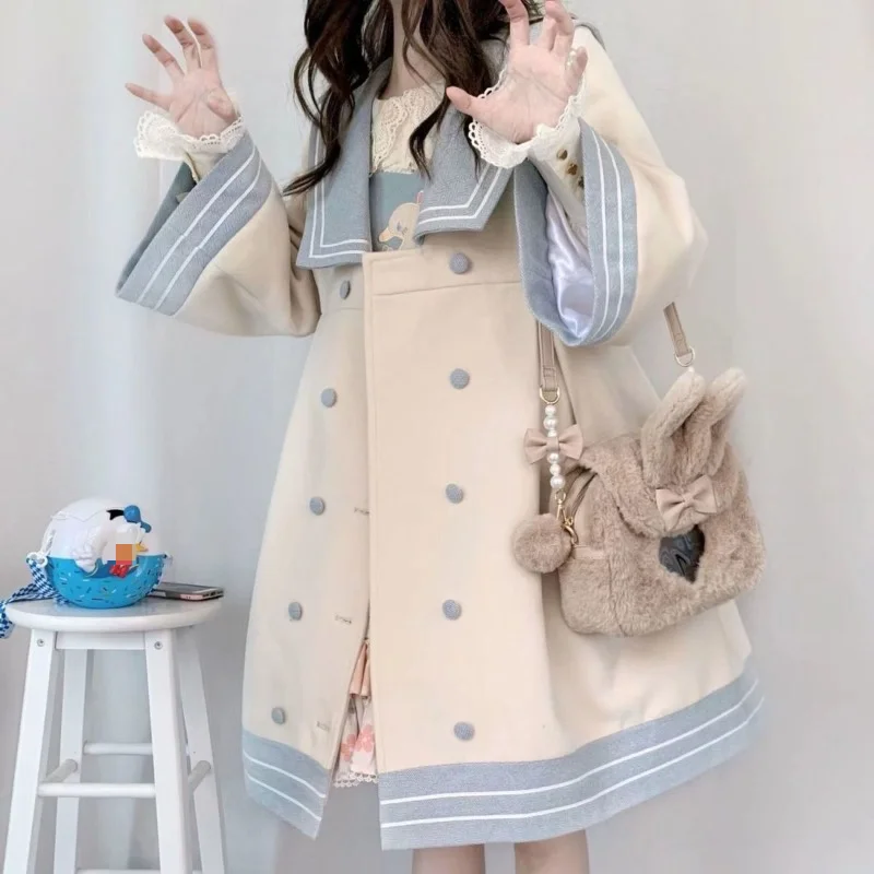 Giapponese carino dolce ragazze stile College cappotto di Tweed JK Lolita Kawaii Navy collare sciolto di media lunghezza Beige giacca di Tweed per