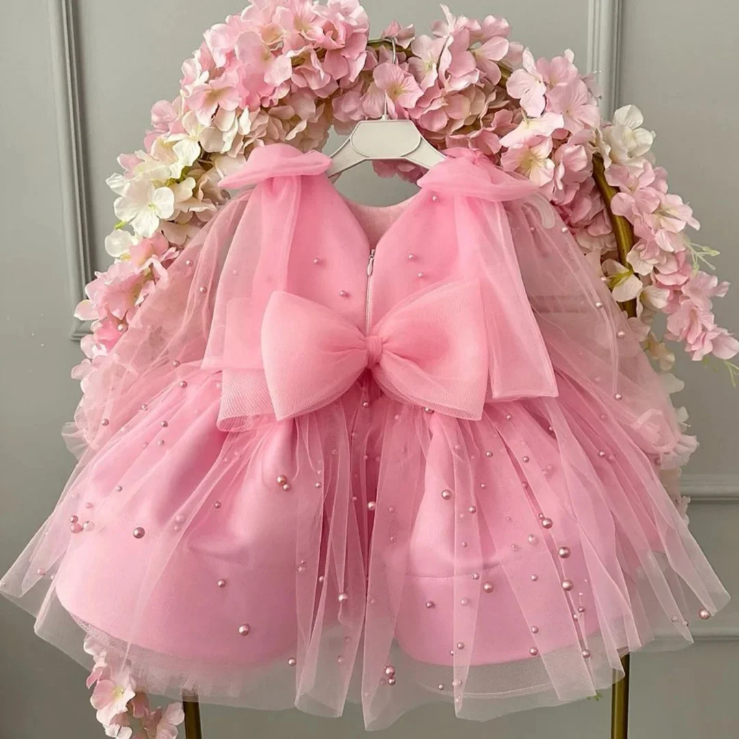 Apliques de encaje blanco personalizados para boda y cumpleaños, vestido de niña con flores rosas, cinturón con lazo, manga corta para fiesta, vestido de comunión