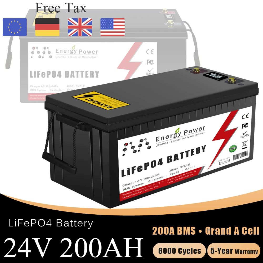 

24V 100Ah 200Ah LiFePO4 Battery 6000 Cycles 25.6V Lithium Iron Phosphate Batteries For Solar Home Energy RV Campers No Tax