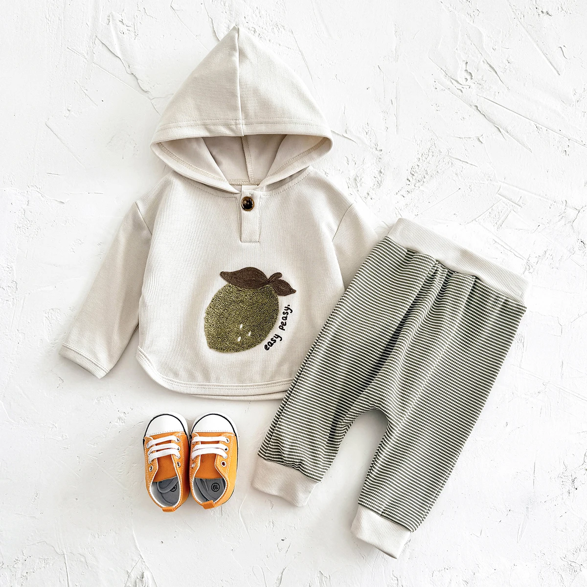 Infant 2Pcs Clothing Set Cute Pear Embroidered Lapel Top Matching Striped Leggings Soft Waffle Knit Baby Spring Outfit