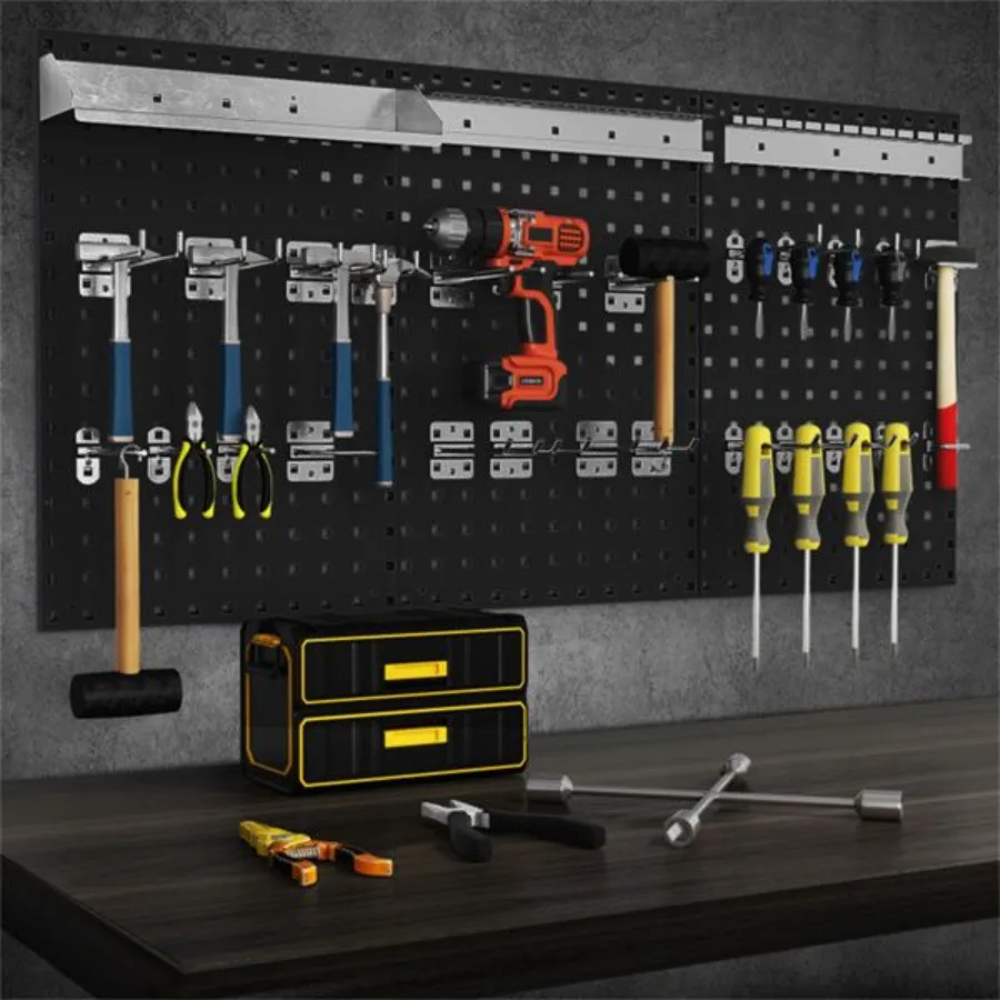 Black WallMounted Pegboard Wall Organizer Kit 4 ft.Metal Toolboard