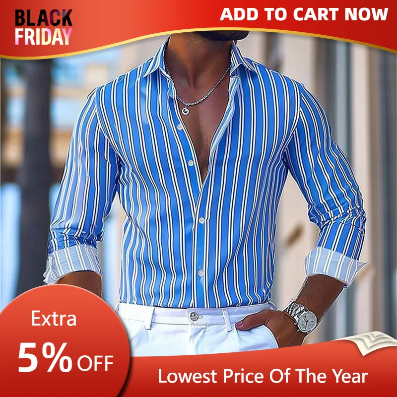 

Striped business shirt casual fashion men's shirt spring and summer lapel long-sleeved shirt extra large size design XS-6XL