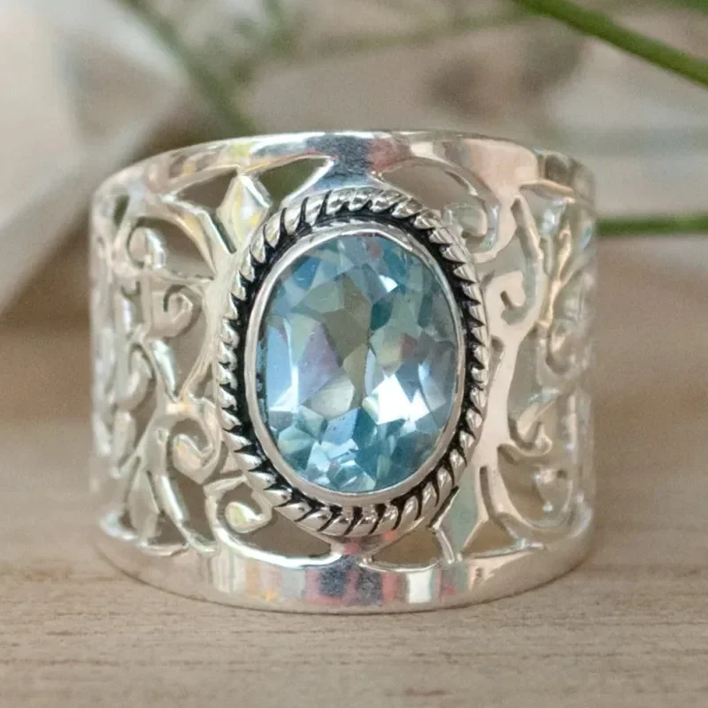 2024 Hollow Out Wide Ring with Oval Sky Blue Stone Trendy Accessories for Women Wedding Party Female Rings Statement Jewelry