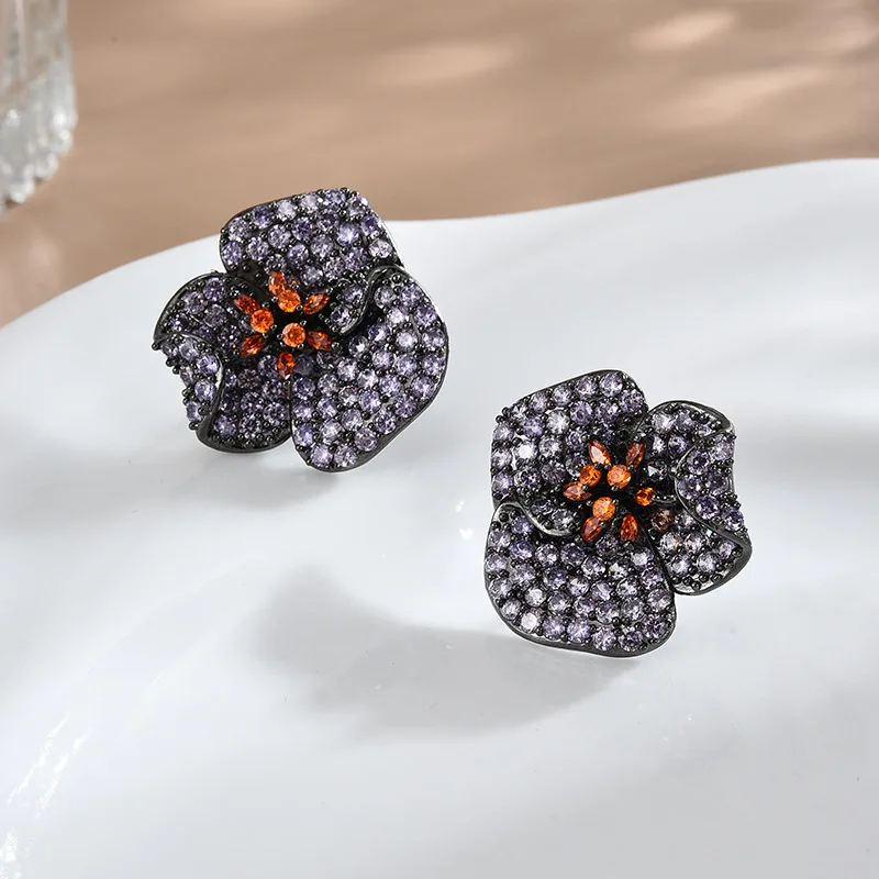 FXLRY Luxury Cubic Zirconia Red And Purple Flower Stud Earrings For Women Wedding Party Earing Jewelry