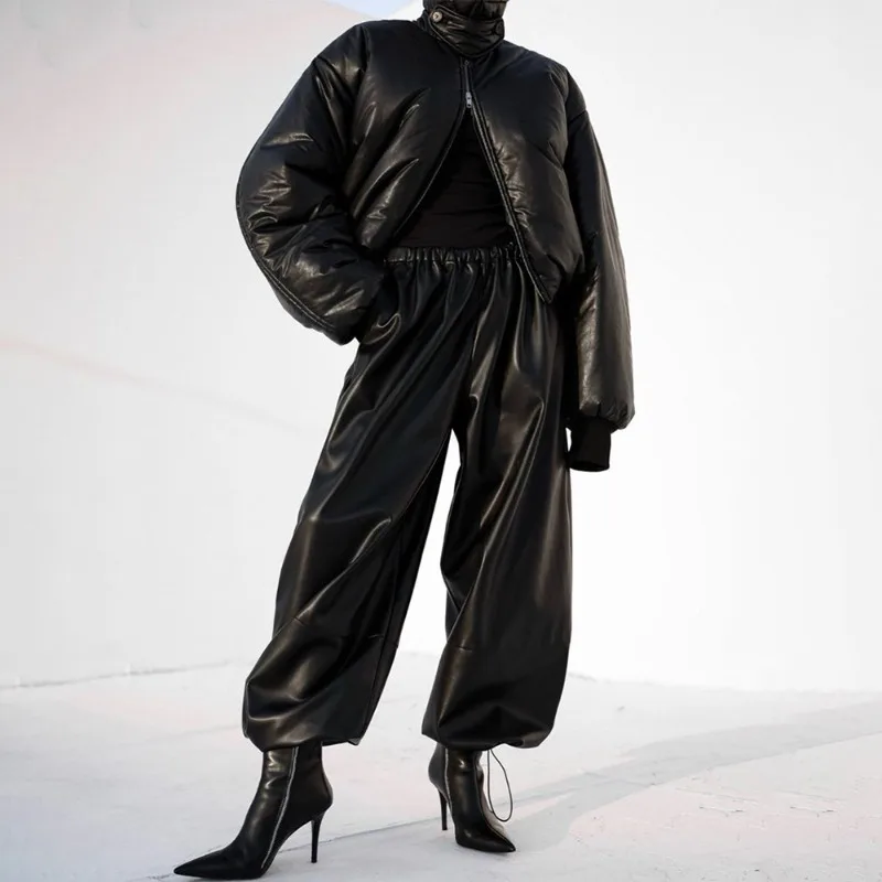 Talenza, pantalones de cintura alta de PU con pies rectos, pantalones Retro suaves Punk de piel sintética, pantalones casuales para Otoño e Invierno 2025, pantalones para mujer