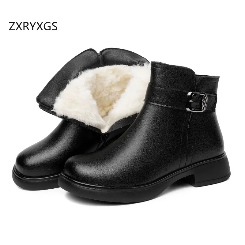 

ZXRYXGS 2025 Новые модные зимние женские ботинки Черные туфли на толстом среднем каблуке Большой размер Натуральная кожа Теплые плюшевые/шерстяные ботинки Снежные сапоги
