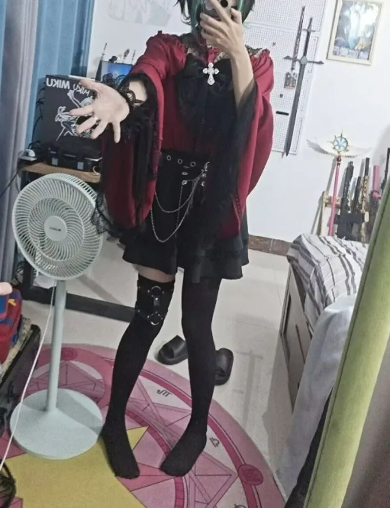 

Gothic Lolita Style Shirts women Japanese style Vintage Elegant Lace Ruffles Flare Long Sleeves Blouse Female Y2k Slim Tops