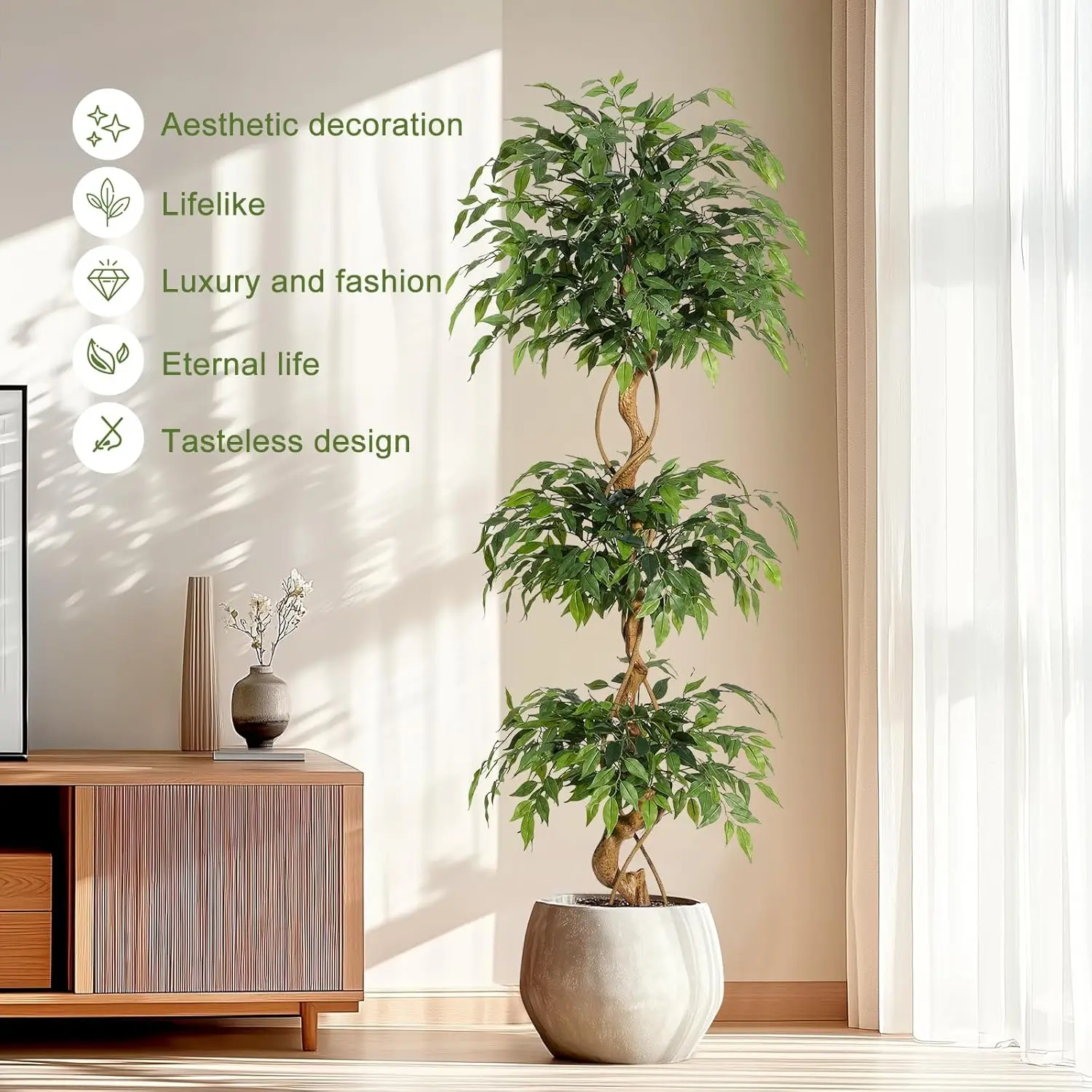Image of Albero artificiale Ficus con tronco curvo Pianta finta Alberi di seta finti con vaso bianco Albero Ficus per la decorazione domestica per interni ed esterni cod004