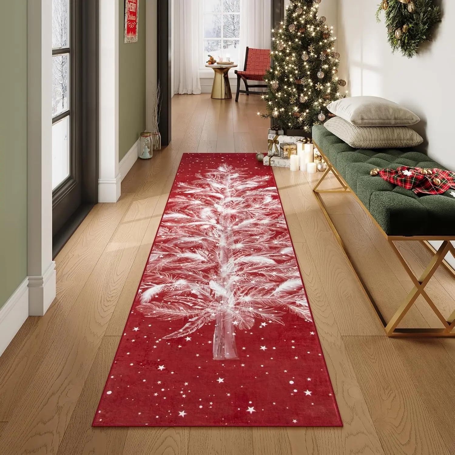 Luxurious Christmas Tree Runner Rug - Non-Slip, Machine Washable & Ultra-Thin Design for Hallways, Kitchens Living Rooms Carpet