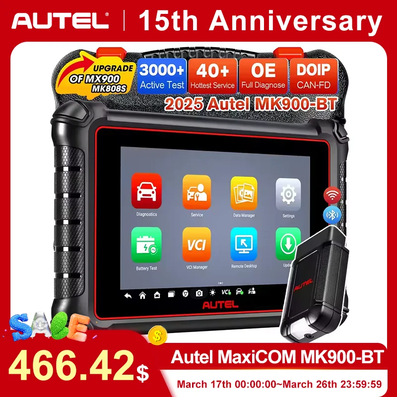 Autel MaxiCOM MK900BT Bidirectional Diagnostic Tool, Active Test, 40+ Service with CAN FD/ DOIP, Upgrade of MK808BT PRO/ MK808S