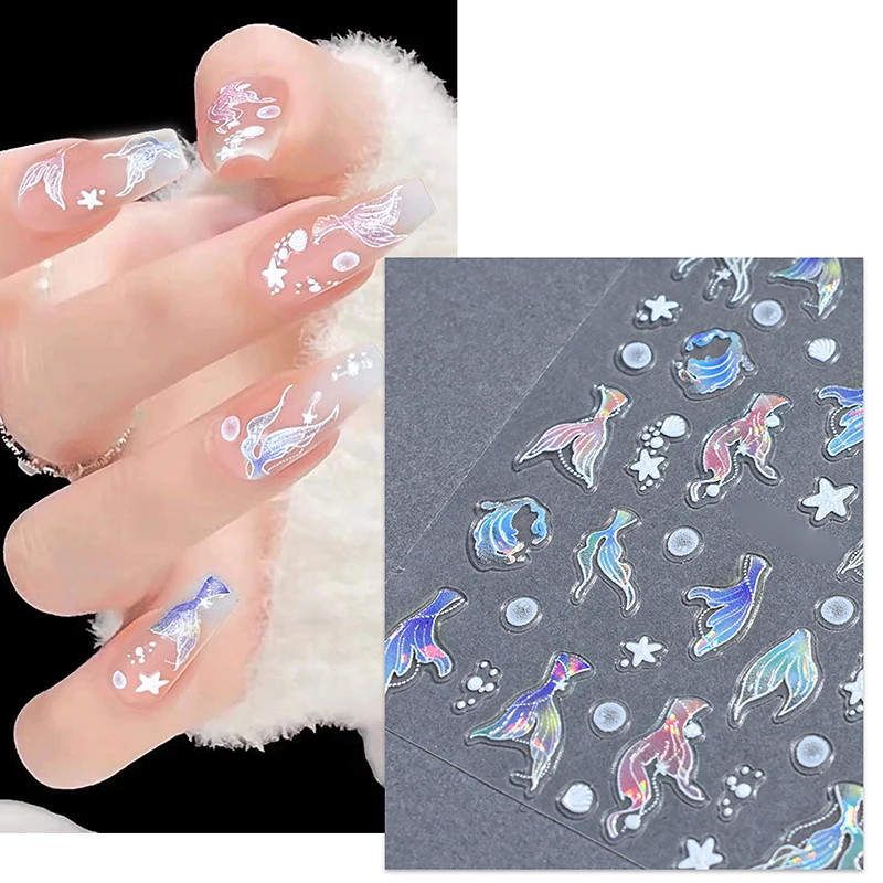 Shiny Colorful Mermaid Fishtail Dazzling Summer Sea Wave Fishtail Beach Rhinestone Ocean 3D Nail Art Sticker Manicure Decal