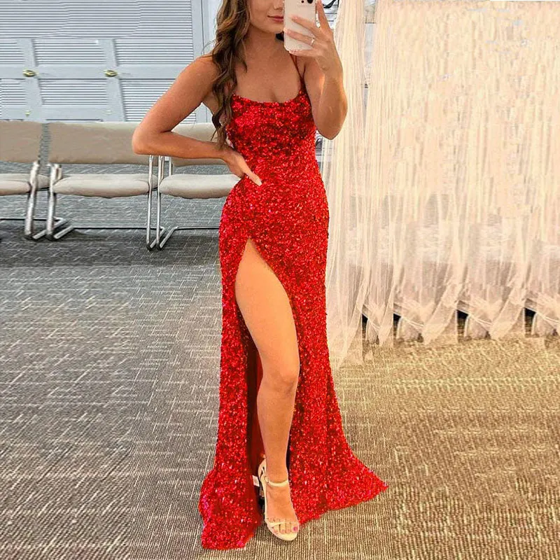 Prom Dresses 2022 Red Sequins Mermaid High Slit Evening Party Dresses Robe De Soirée Femme فستان  Vestidos De Gala