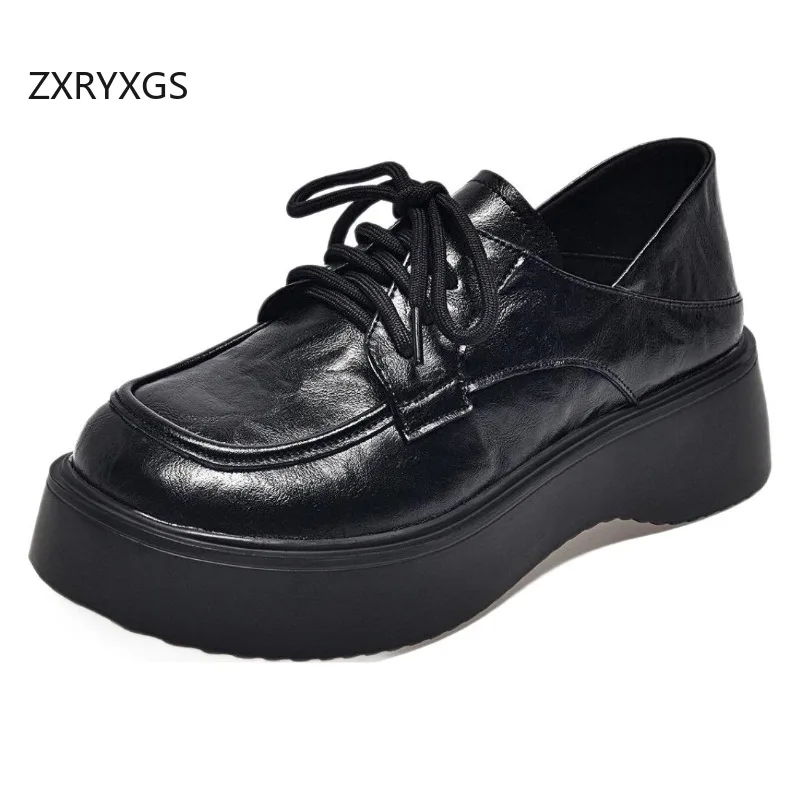 

ZXRYXGS Cowhide Patent Leather Thick Sole Increase Shoes Woman Mid Heels 2025 New Spring Round Toe Elegant Light Trendy Shoes