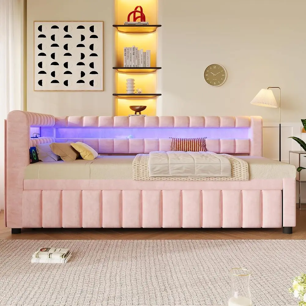 SOTSEA Twin XL Daybed with Trundle, Upholstered Bed with LED Lights and USB Ports, Twin XL to King Daybed e or Kids Teens, Wood view 3